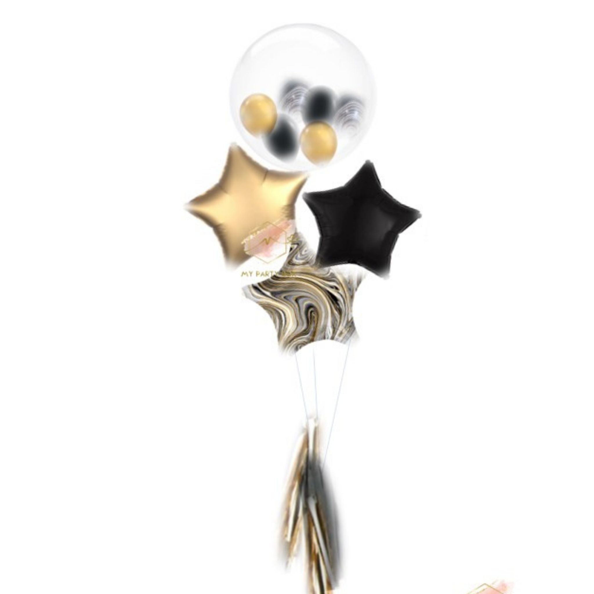 My Party Box Bubble Gum Balloon Bouquet with one bubble balloon with mini latex balloon inside and one gold foil star balloon, one black foil star balloon and one black marble foil star balloon