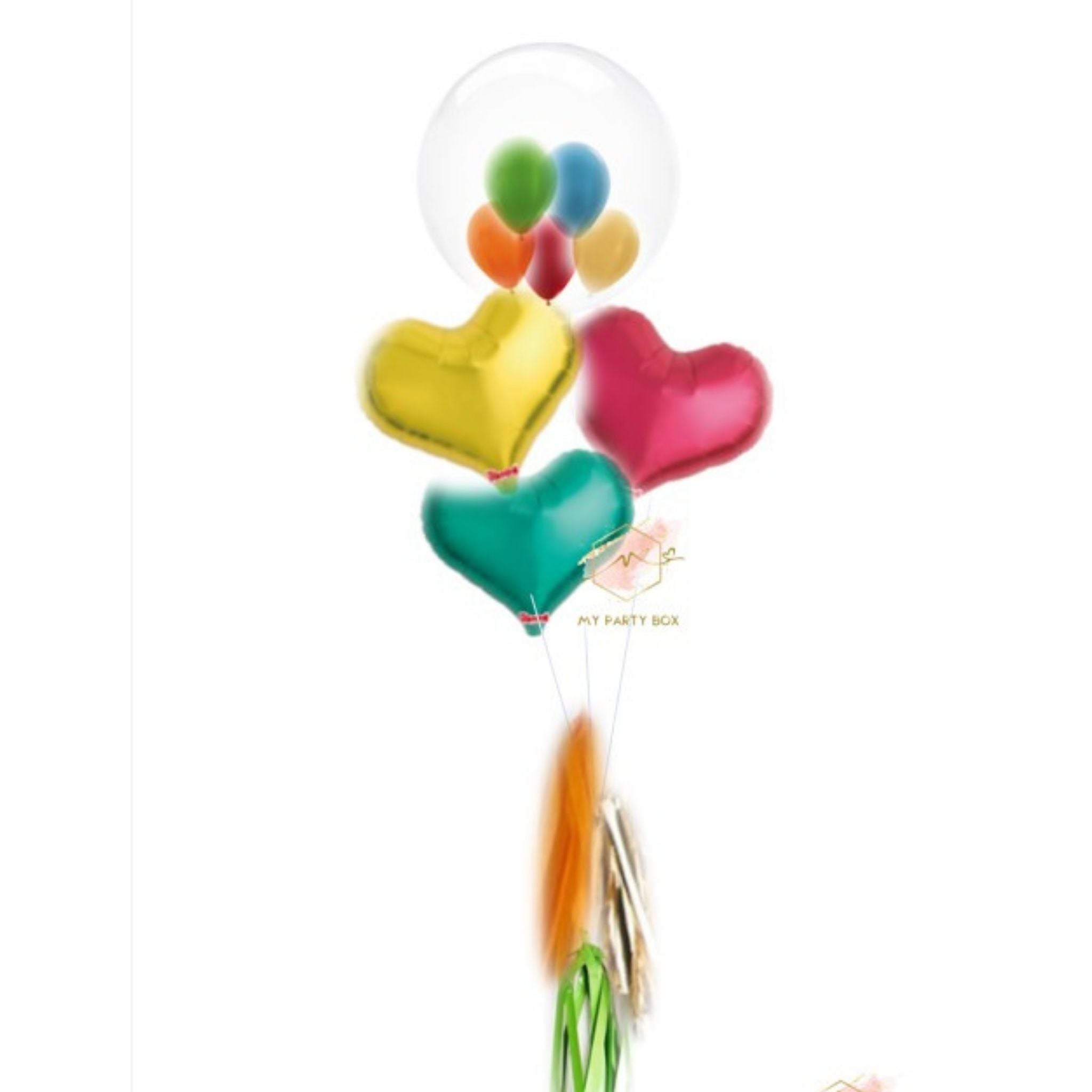My Party Box Bubble Gum Balloon Bouquet with one bubble balloon with mini latex balloon inside and one Green foil heart balloon, one Gold foil heart balloon and one red Foil Heart Balloon