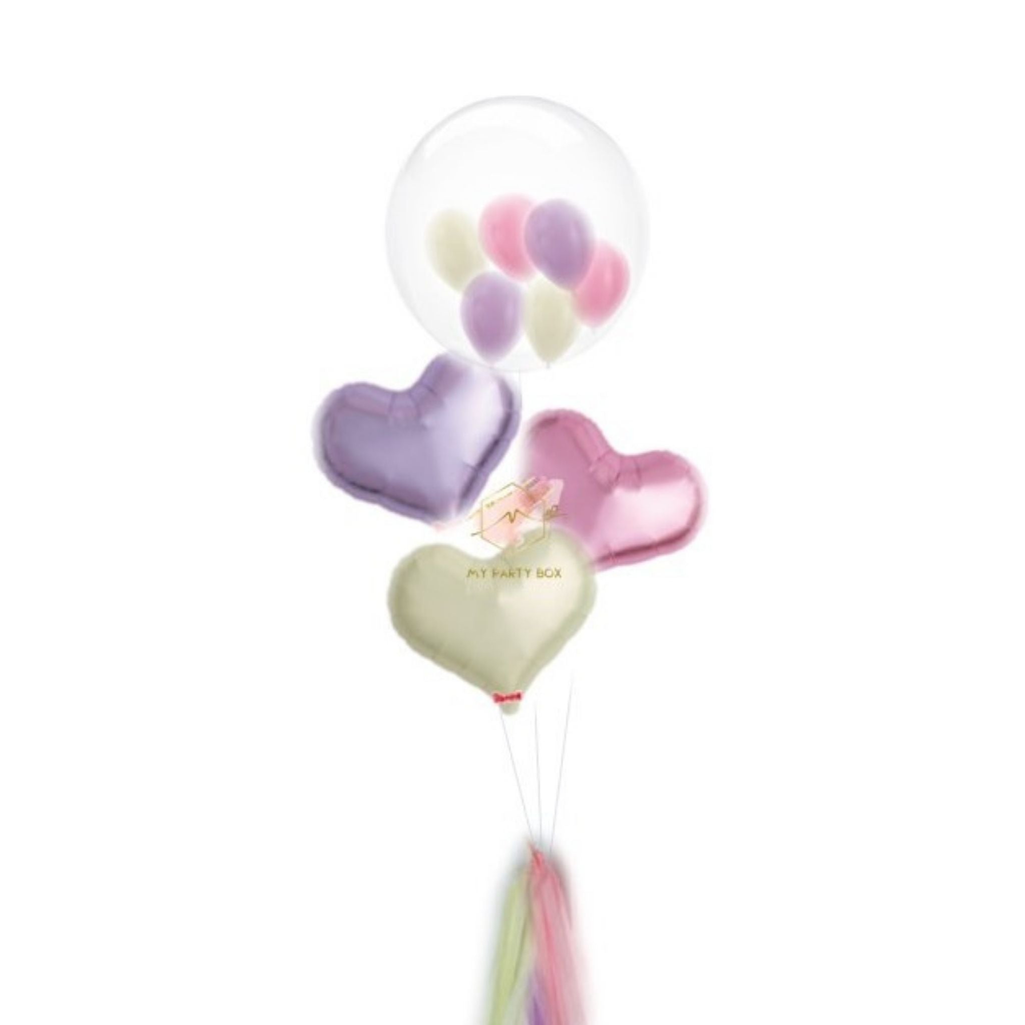 My Party Box Bubble Gum Balloon Bouquet with one bubble balloon with mini latex balloon inside and one metallic Pink foil heart balloon, one Metallic Purple foil heart balloon and one Metallic yellow  Heart Balloon