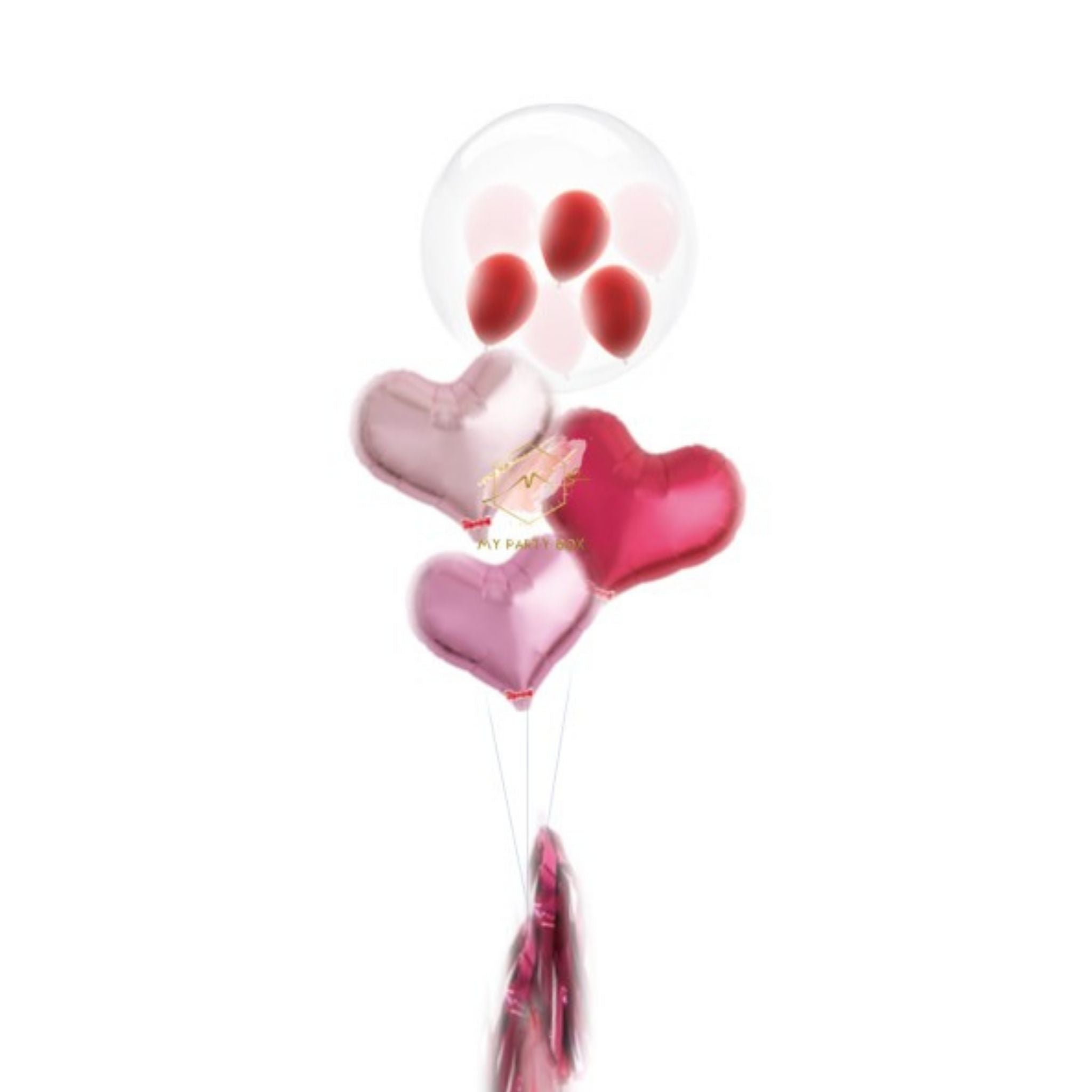 My Party Box Bubble Gum Balloon Bouquet with one bubble balloon with mini latex balloon inside and one light pink foil heart balloon, one red foil heart balloon and pink Heart Balloon