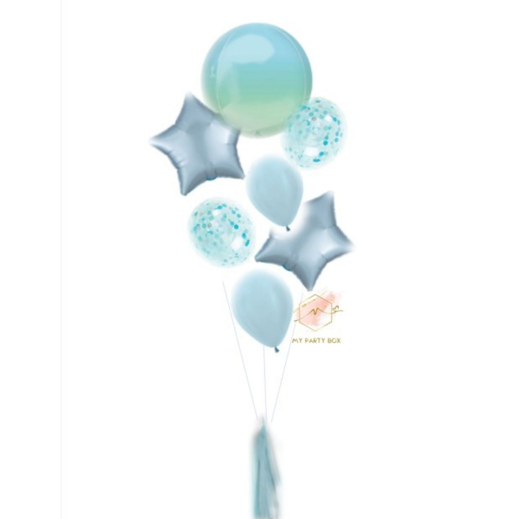 My Party Box Blue and Green Deluxe Balloon Bouquet with Orbz balloons, starts balloons, satin blue balloons and blue confetti balloons