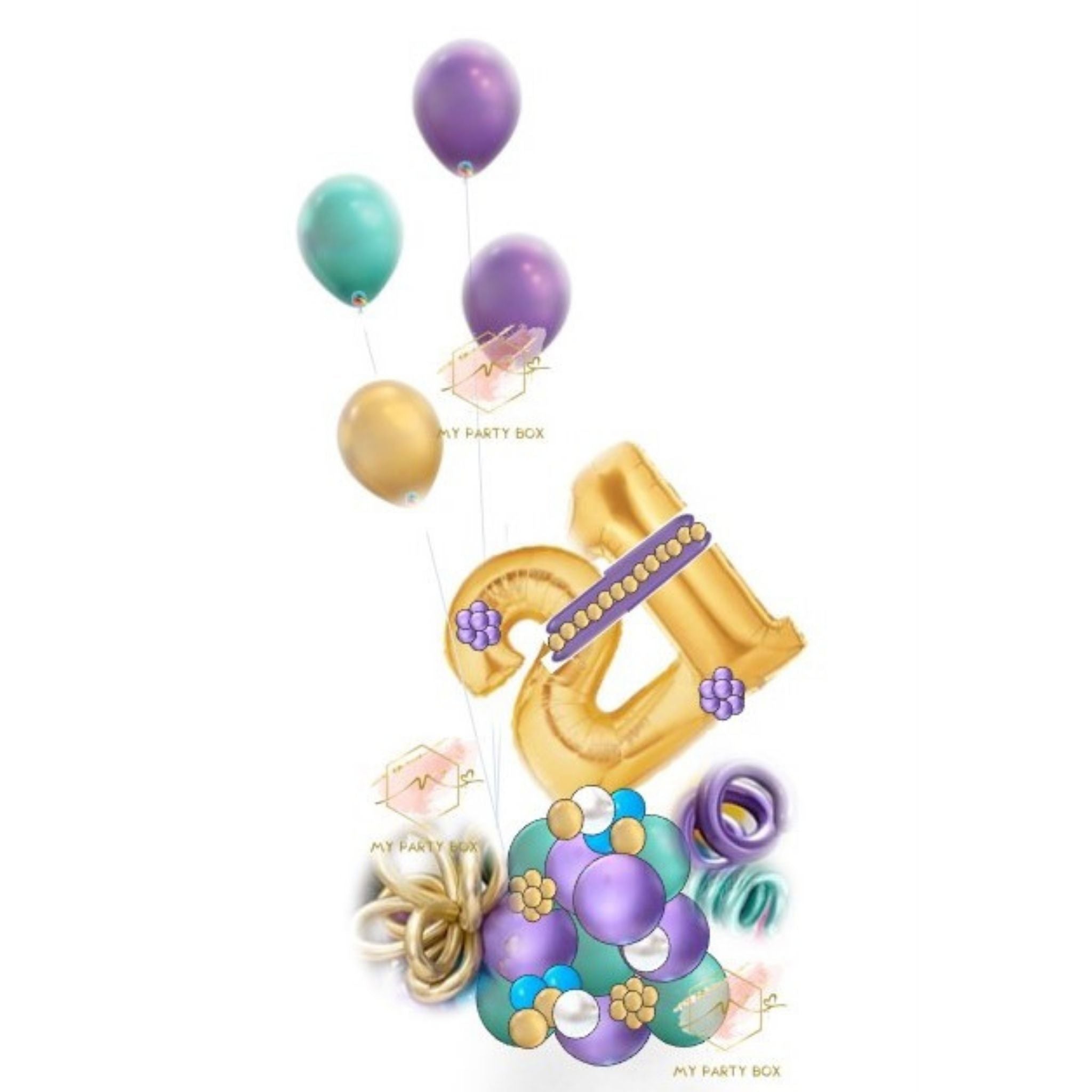 My Party Box Gold Number with Purple Balloon Bouquet