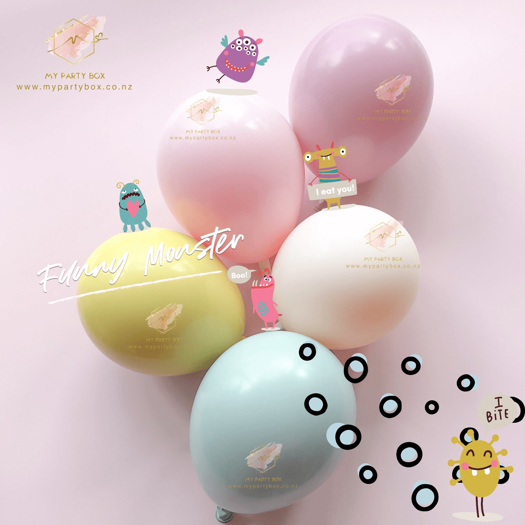 My Party Box Luxe Funny Monster Balloon Garland DIY Kit with mint green, bright mustard, rose chalk, blush chalk and canyon rose latex balloon
