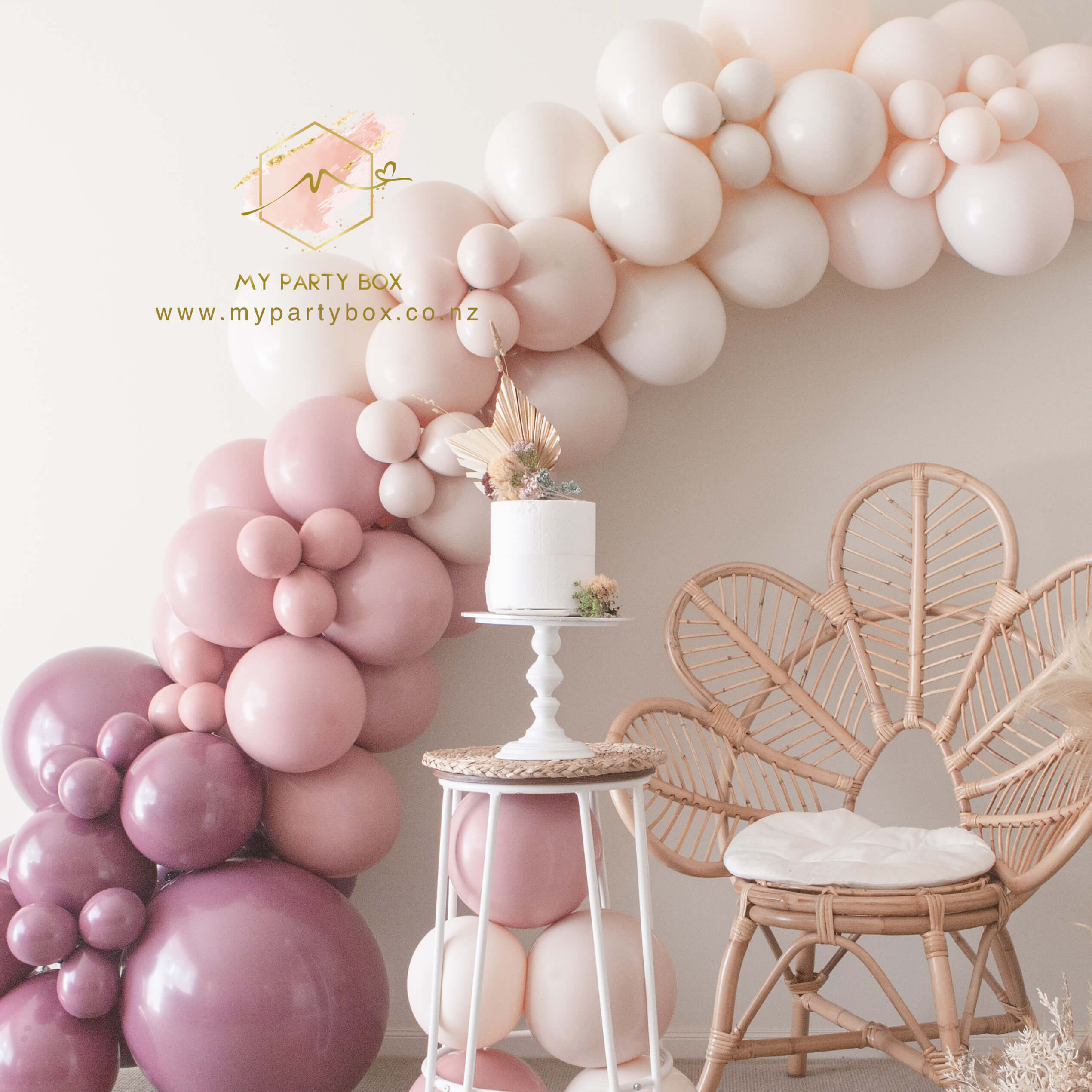 My Party Box Luxe Ombre Sangria Balloon Garland DIY Kit with Solid Sangria, rosewood purple, whitesand pink, mustard chalk,  blush chalk latex balloon