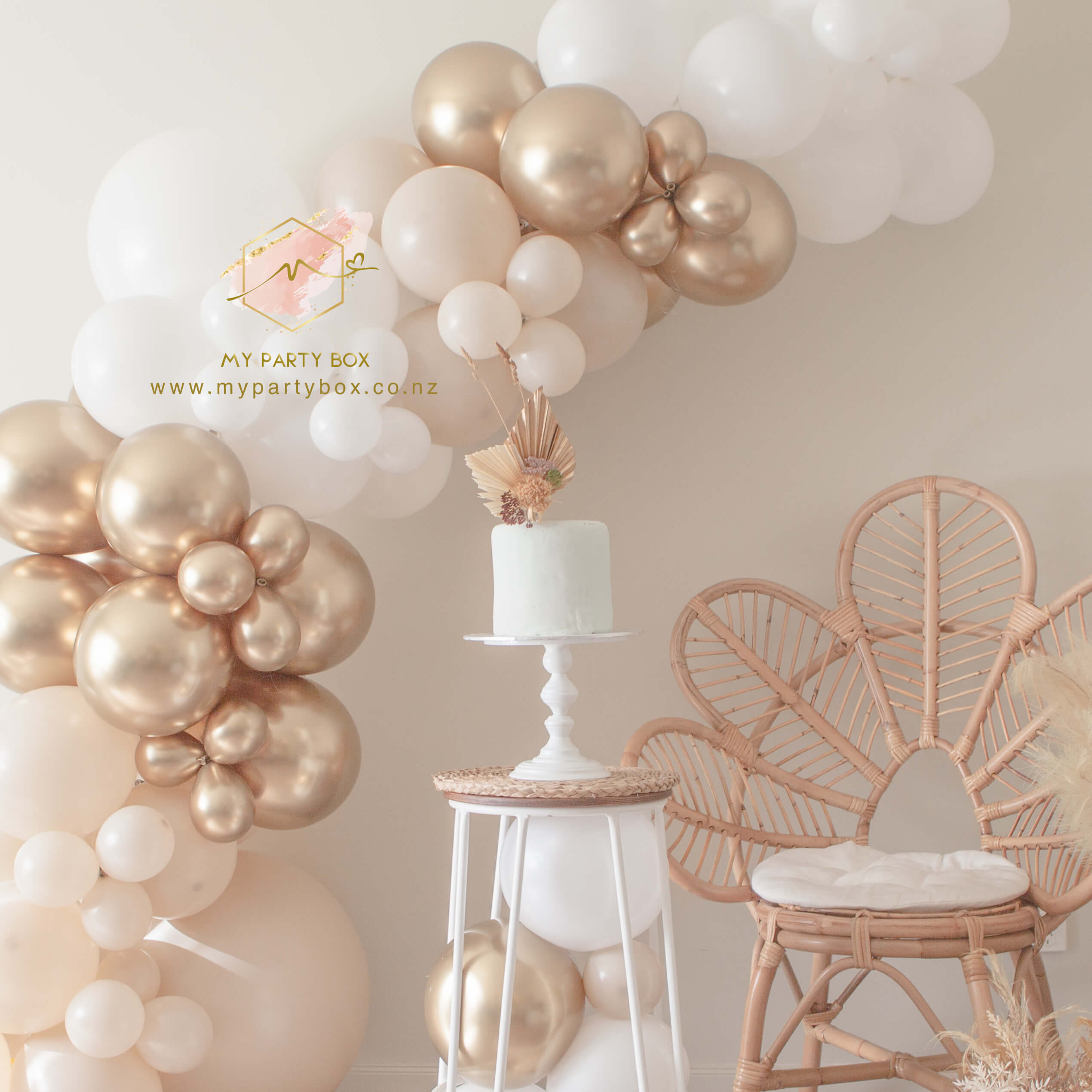 My Party Box Milestone Birthday Balloon Garland DIY Kit - Cream with White sand, Chrome Gold and white latex balloons