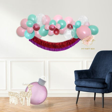 My Party Box  Christmas Balloon Garland Kit with Pink, Mint Green, Burgundy and Clear Snowflake Latex balloon with Red and Pink Fringe Garland