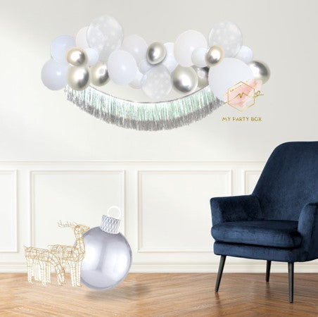 My Party Box  Christmas Balloon Garland Kit with White, Chrome Silver, Clear Snowflake Latex balloon with Silver Fringe Garland
