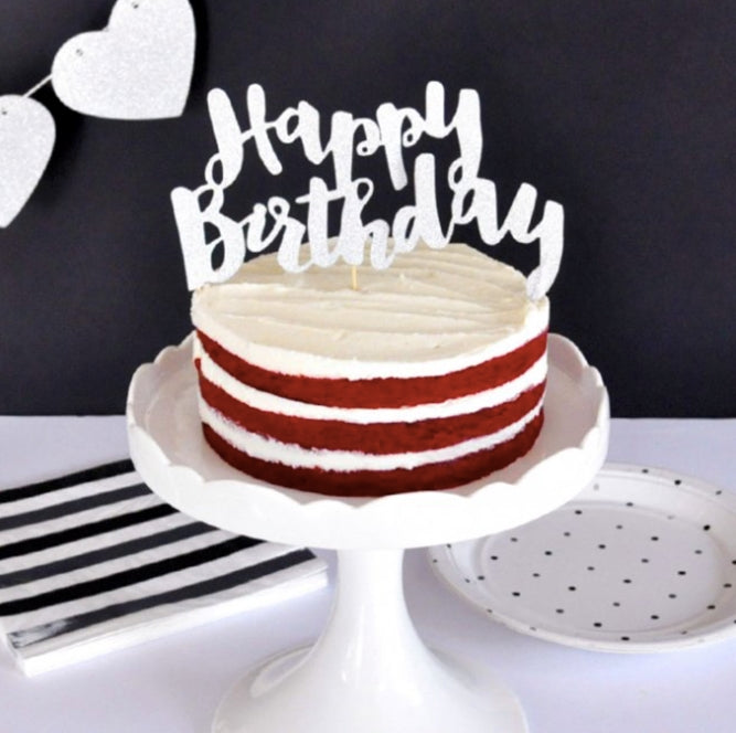 Happy Birthday Silver Gillter Cake Topper