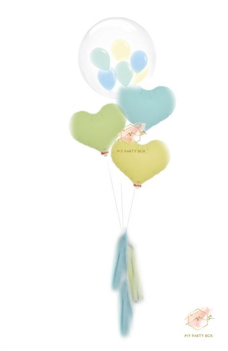 My Party Box Bubble Gum Balloon Bouquet with one bubble balloon with mini latex balloon inside and one pastel blue foil heart balloon, one Pastel green foil heart balloon and one pastel yellow  Heart Balloon