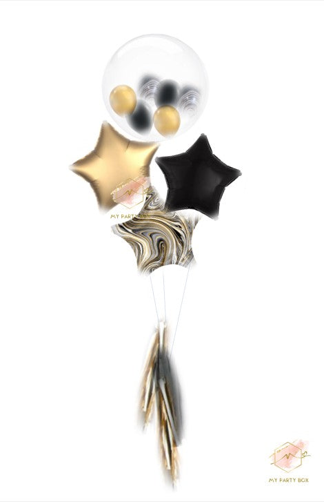 My Party Box Bubble Gum Balloon Bouquet with one bubble balloon with mini latex balloon inside and one gold foil star balloon, one black foil star balloon and one black marble foil star balloon