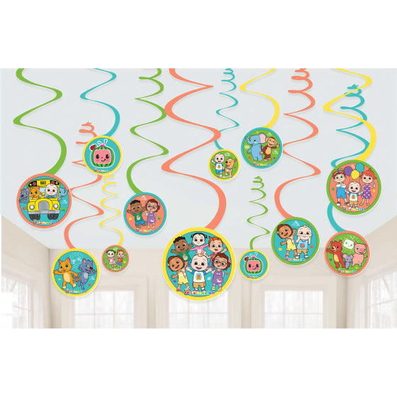 Amscan CoComelon Spiral Decorations hanging on ceiling