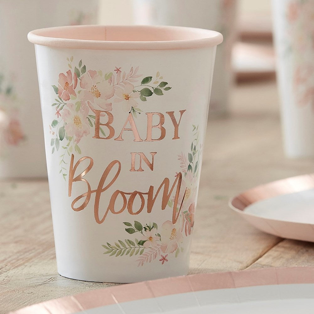 Ginger Ray Baby in Bloom Rose Gold Baby Shower Paper Cups on Wooden Table