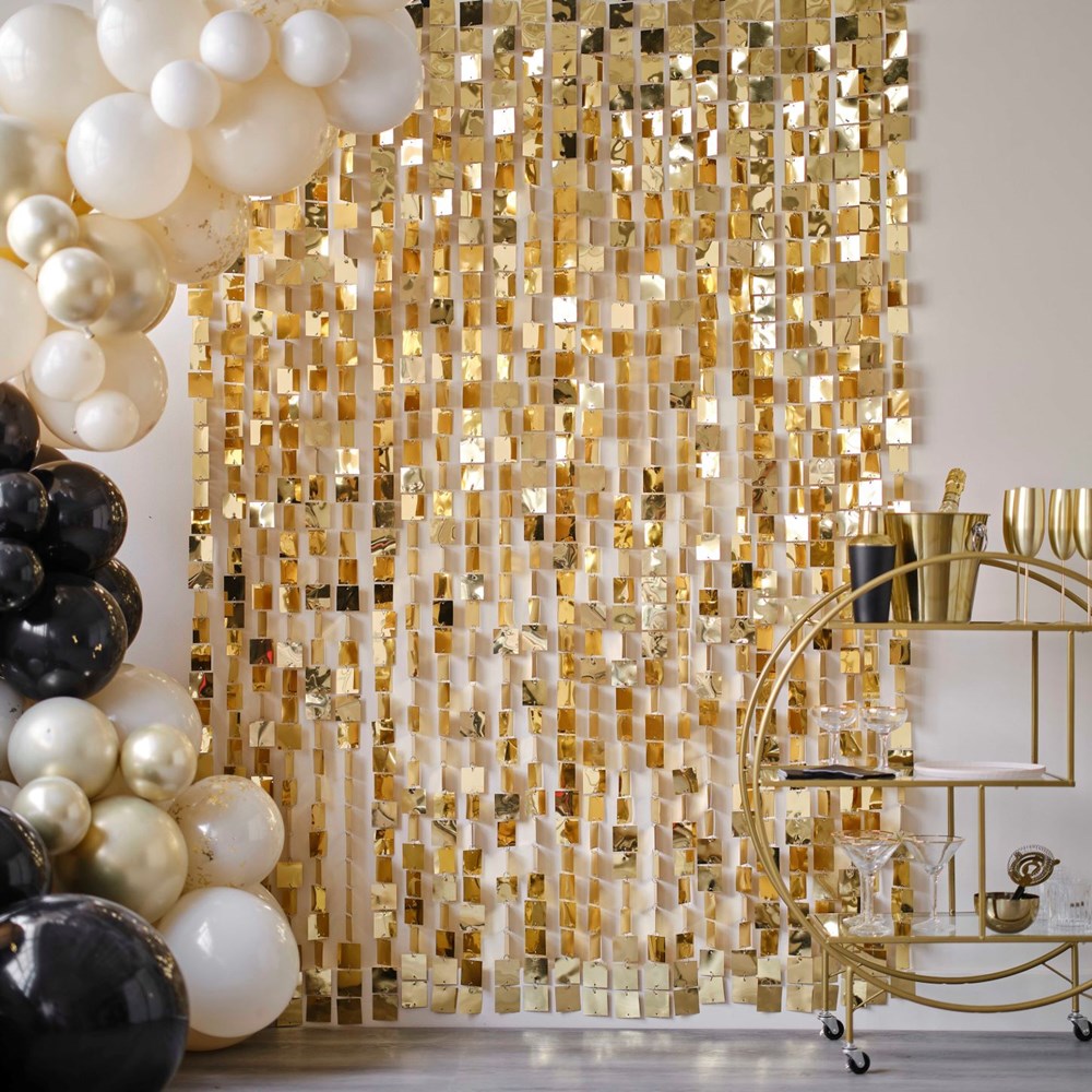 Ginger Ray Champagne Gold Sequin Hanging Backdrop Decoration with balloon garland