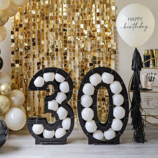 Black 30th Balloon Mosaic Frame Decorations with Gold back ground and happy birthday balloon 