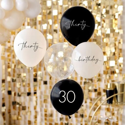 Ginger Ray Black, Nude, Cream & Champagne Gold 30th Birthday Party Balloon Bundle set in Gold Background