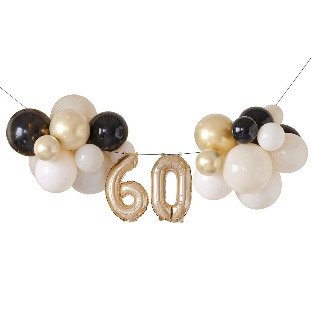 60th Birthday Milestone Balloon Bunting Decoration with Gold Mini Number Balloons 60 and Black, Chrome Gold and White Latex Balloons 