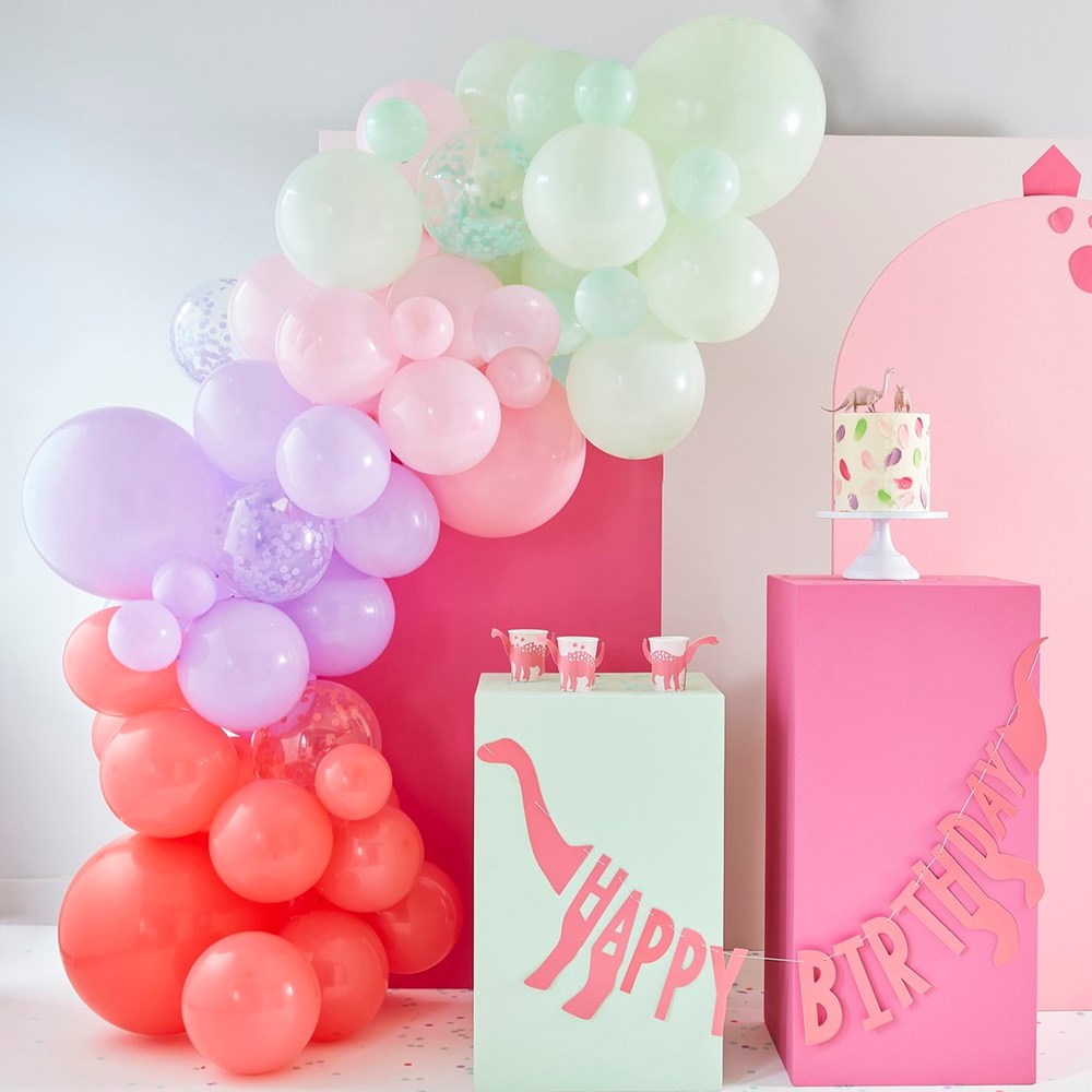 Ginger Ray Pink Dinosaur Balloon Arch with Confetti Balloons
