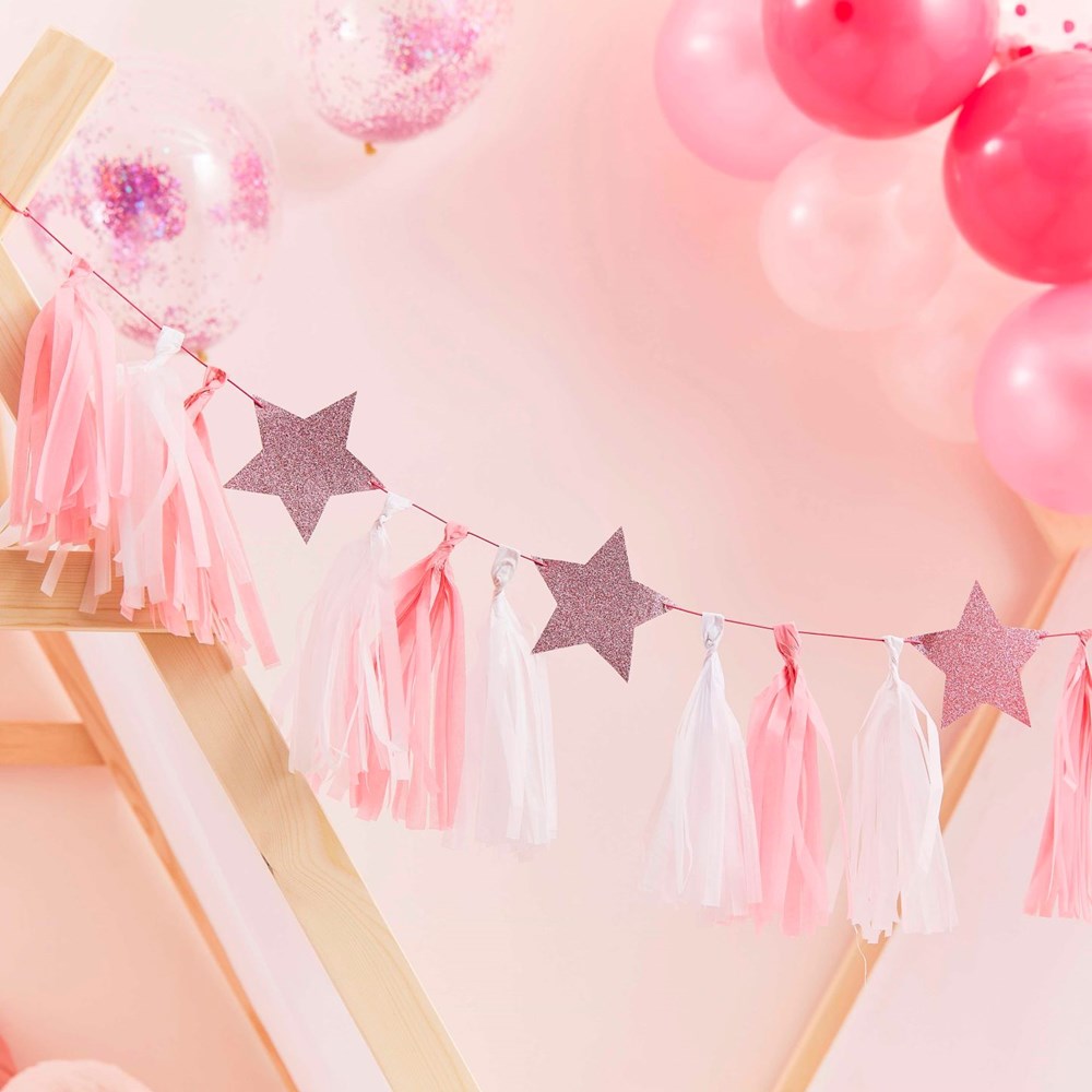 Ginger Ray Pamper Party Pink Tassel Garland with Pink Glitter Stars