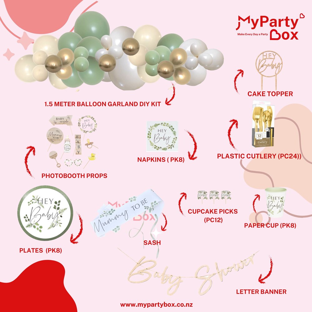 My Party Box Botanical Baby Shower Party Box Package includes Balloon garland, Bunting, Sash, Plate, Cup, Cutlery, Cake Topper, Cupcake topper & Photobooth
