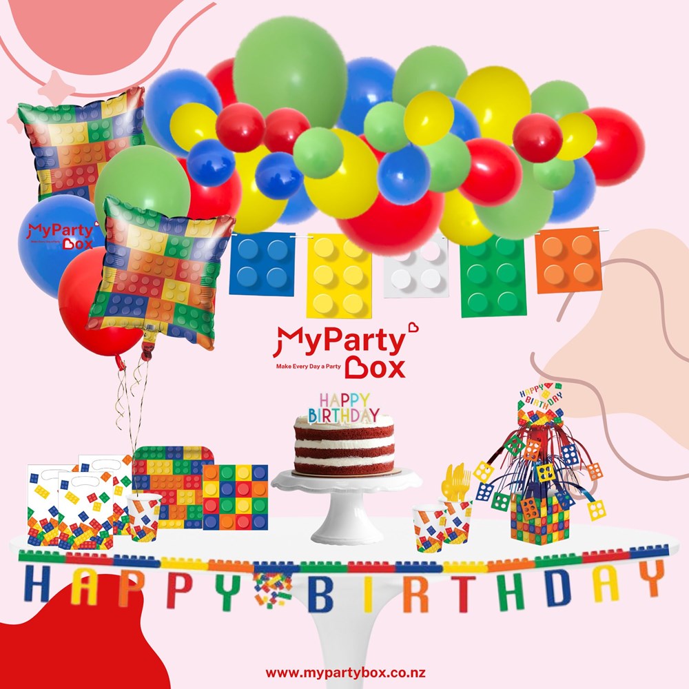 My Party Box Lego Party Box with Assorted Lego theme Party supplies and balloon garland