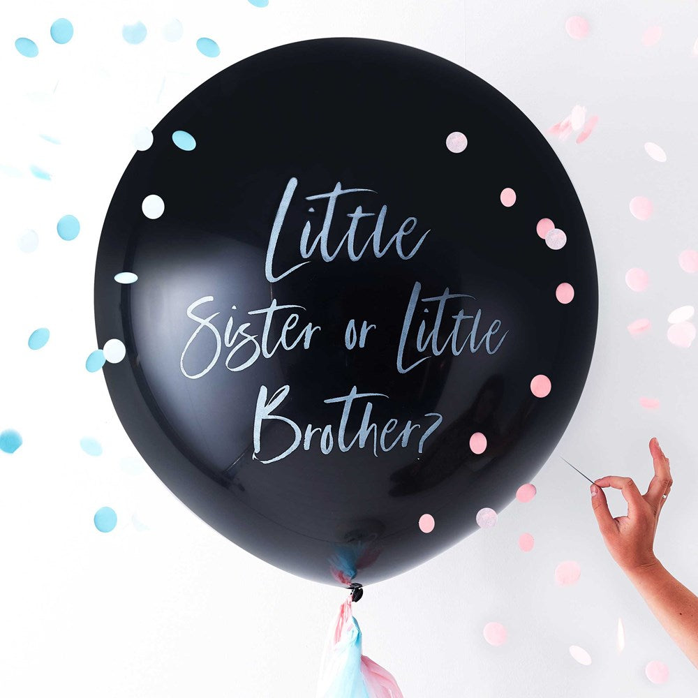Ginger Ray 36" (90cm) Brother or Sister Giant Black Gender Reveal Balloon Kit with Blue and Pink Confetti and Tassels