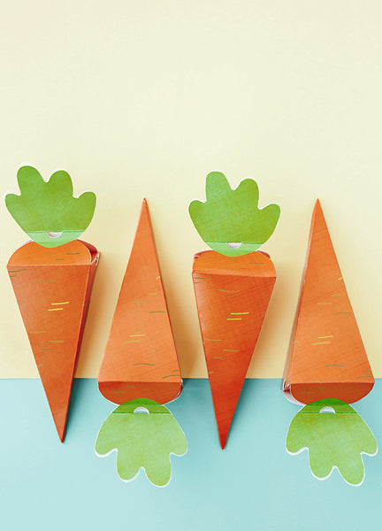 Party Decor Carrots Favor Boxes in yellow and blue background