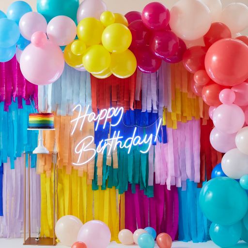 Rainbow themes are perfect for both boy's and girl's birthday party. It is so colorful and beautiful, it will help you create an unforgettable party for your love one. it includes all party decoration, balloon decoration and tableware you need