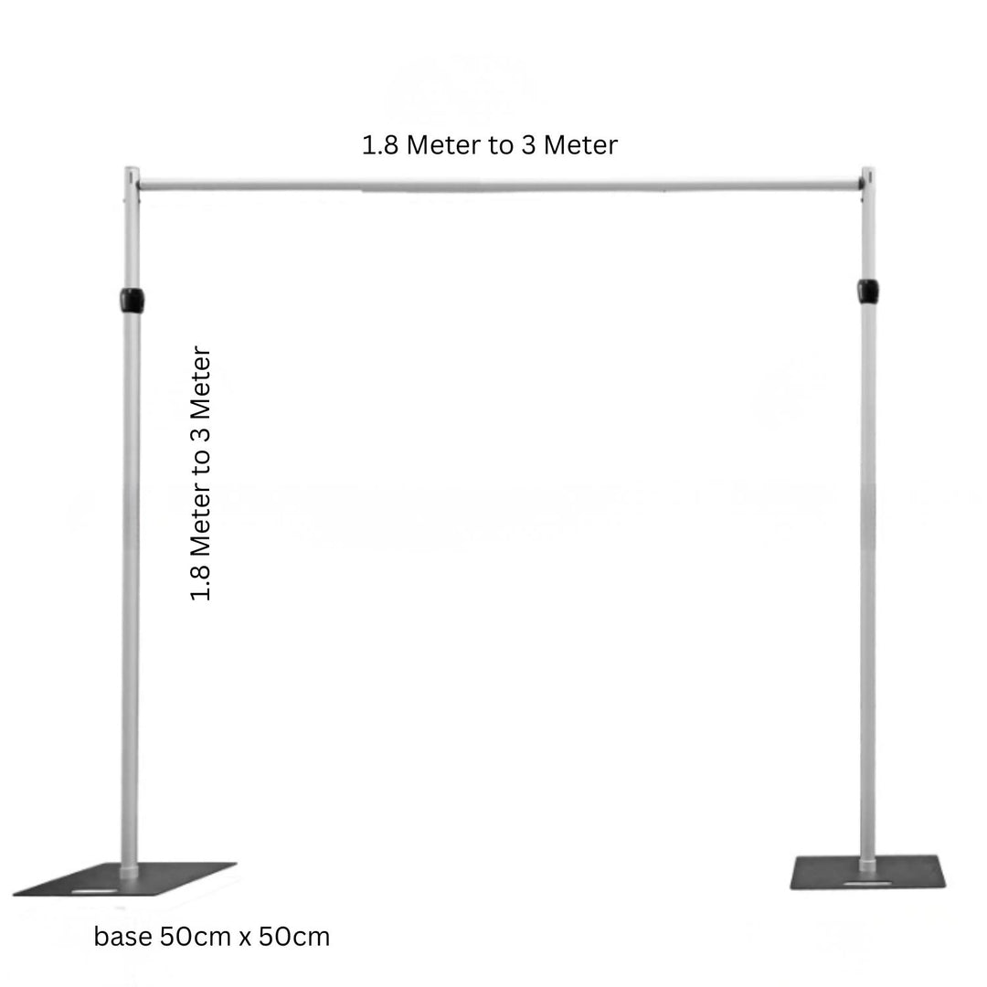 Portable display stand with height range and base dimensions on a white background