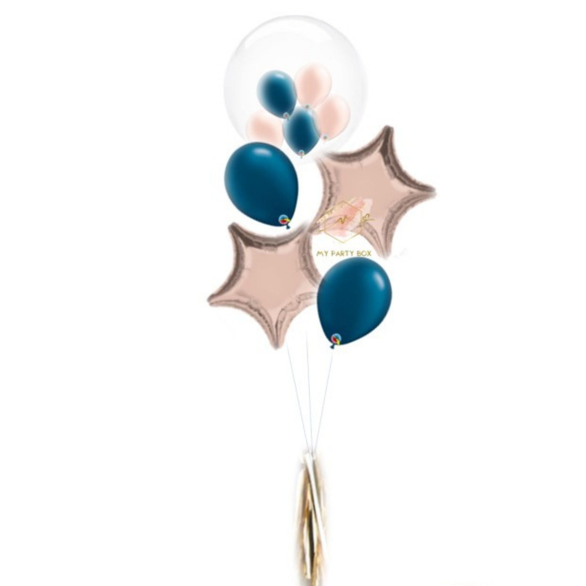 My Party Box Bubble Gum Balloon Bouquet with Midnight Blue Latex Balloons & Rose Gold Foil Star Balloons and Bubble balloons with mini balloons inside