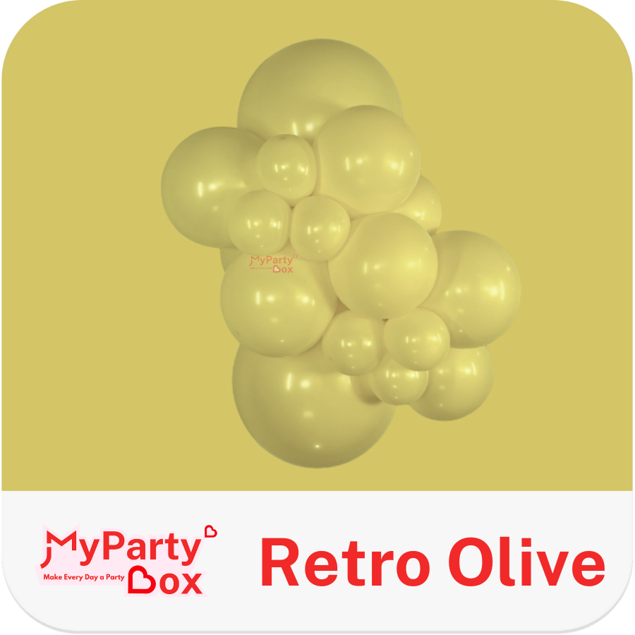 Bunch of retro olive balloons with 'MyPartyBox' branding on a yellow background