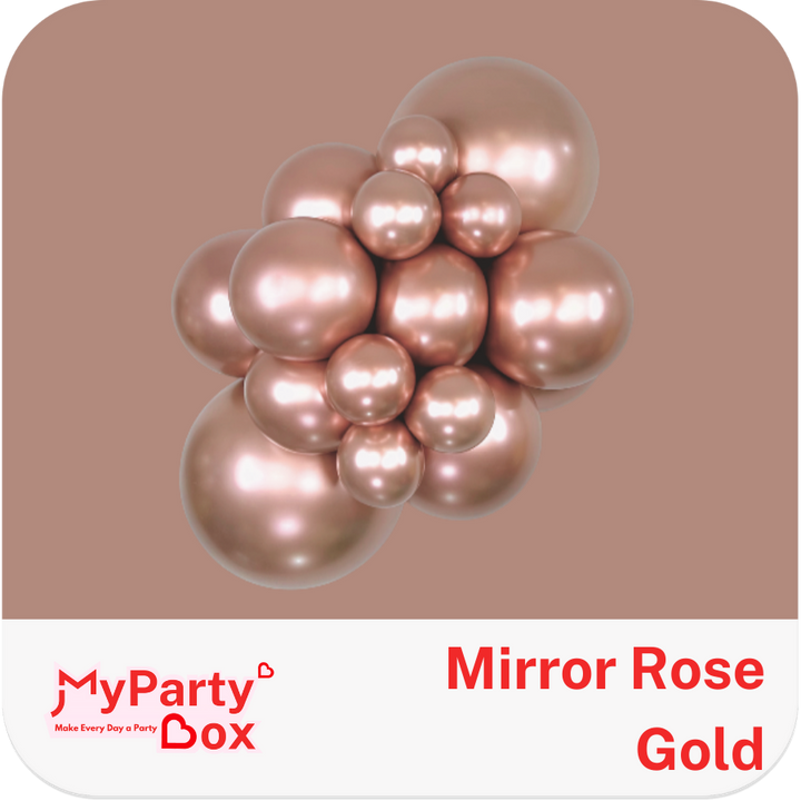 Mirror Rose Gold balloons on a beige background with MyPartyBox branding.