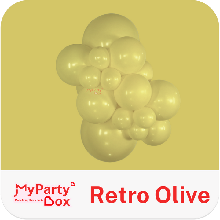 Bunch of retro olive balloons with 'MyPartyBox' branding on a yellow background