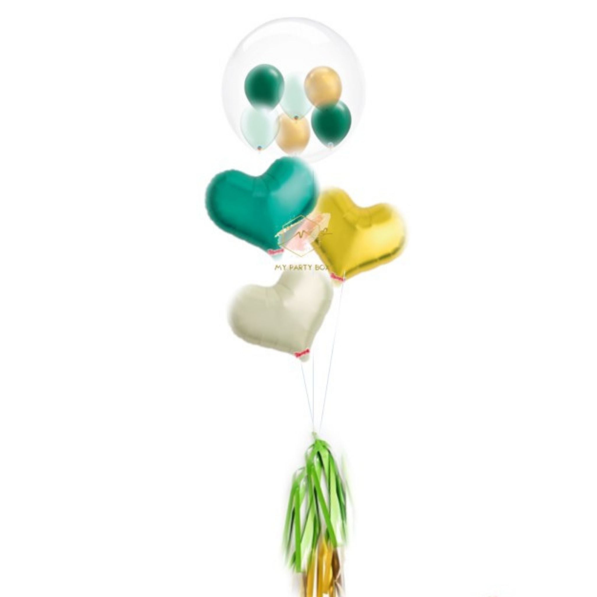 My Party Box Bubble Gum Balloon Bouquet with one bubble balloon with mini latex balloon inside and one Green foil heart balloon, one Gold foil heart balloon and Ivory Foil Heart Balloon