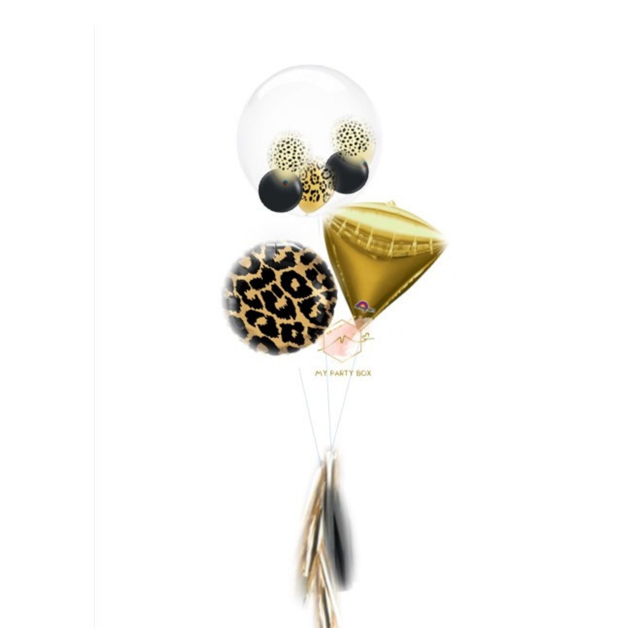My Party Box Leopard Bubble Gum Balloon Bouquet with clear bubble balloons with mini animal print balloons inside and one foil leopard balloon and one gold diamond foil balloon.