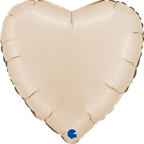 A heart-shaped metallic foil balloon in champagne gold, isolated on a white background with a small blue and white logo at the bottom.