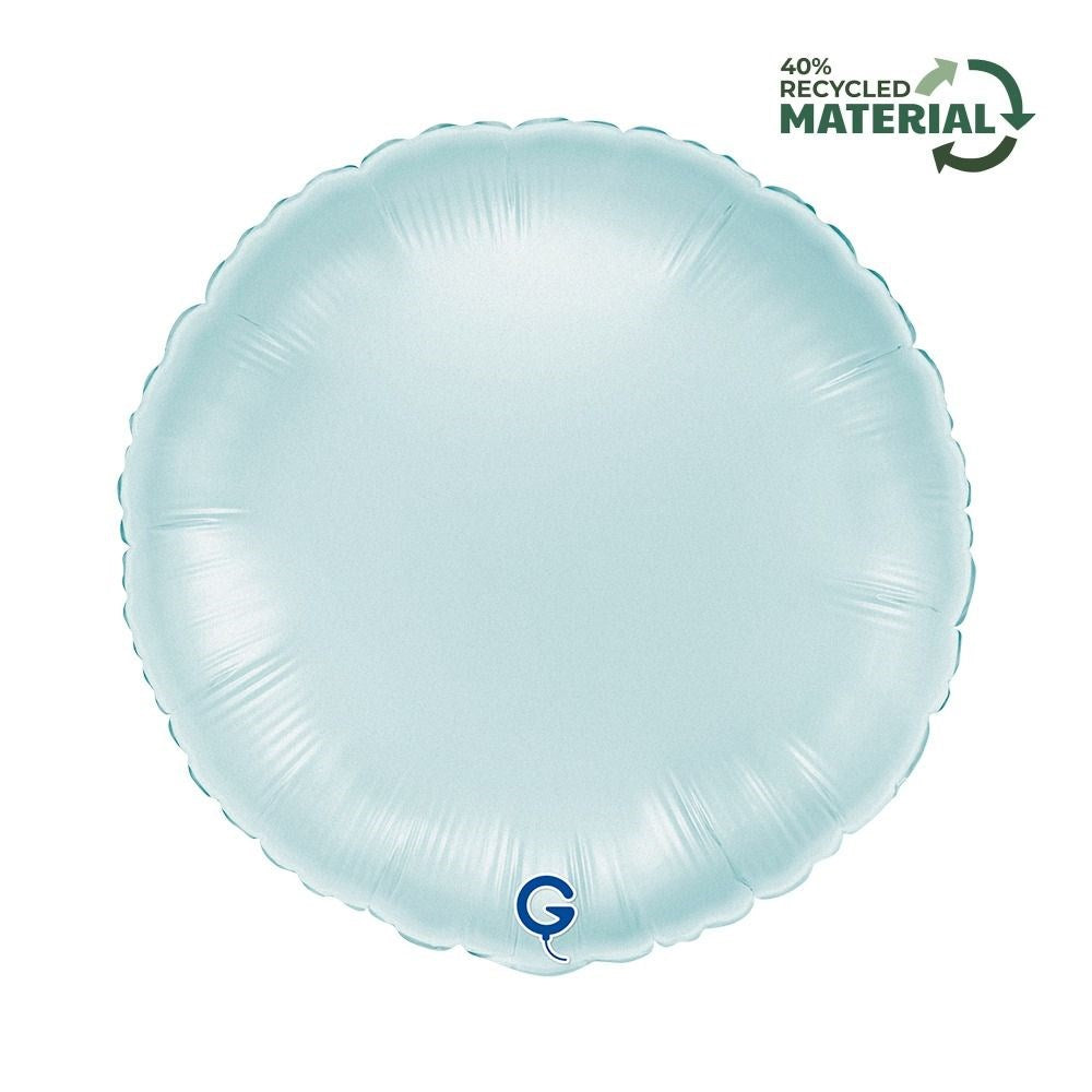A round, metallic light blue foil balloon with a scalloped edge, featuring a small blue 'G' logo near the bottom and a '40% Recycled Material' graphic in the top right corner.