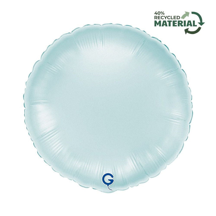 A round, metallic light blue foil balloon with a scalloped edge, featuring a small blue 'G' logo near the bottom and a '40% Recycled Material' graphic in the top right corner.