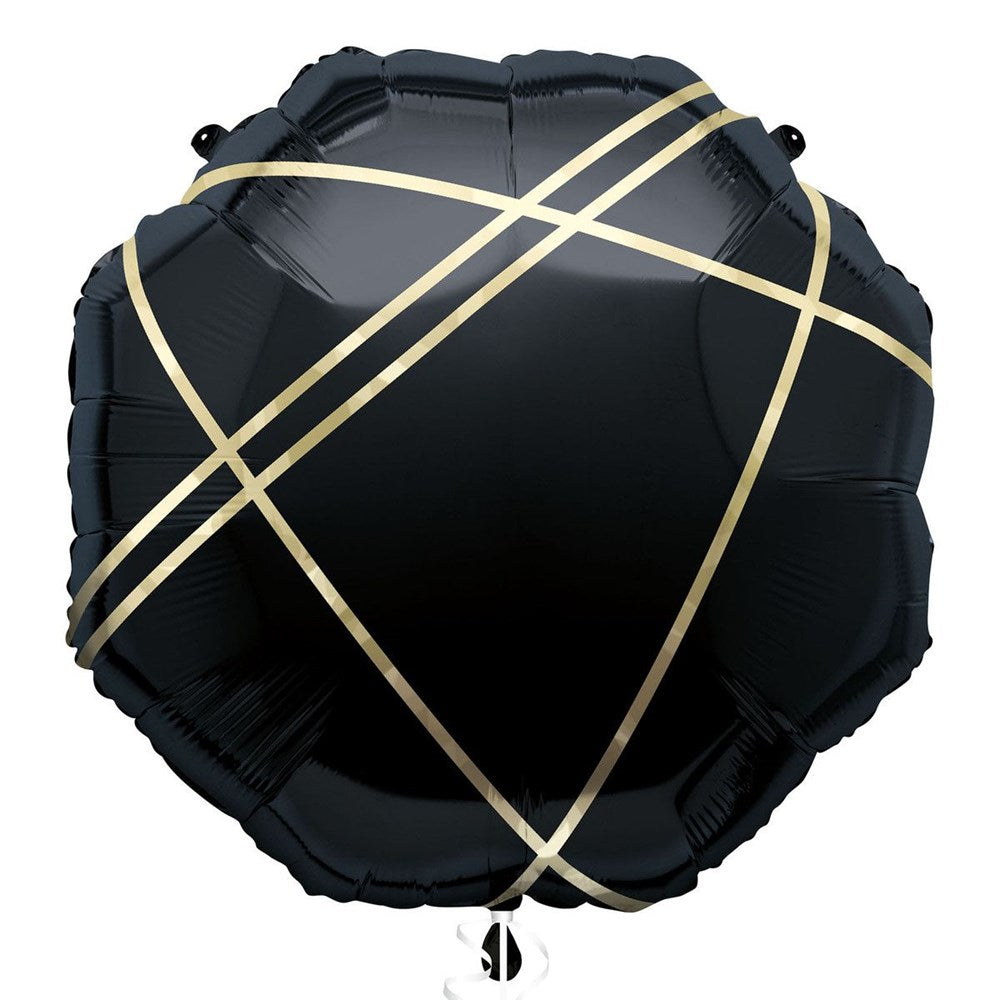 A black foil balloon with a crisscrossing metallic gold wire pattern, isolated on a white background.