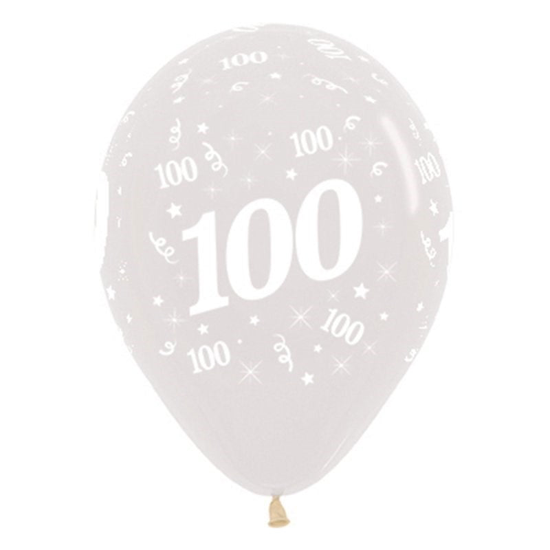 Clear latex balloon with 100 printed on it