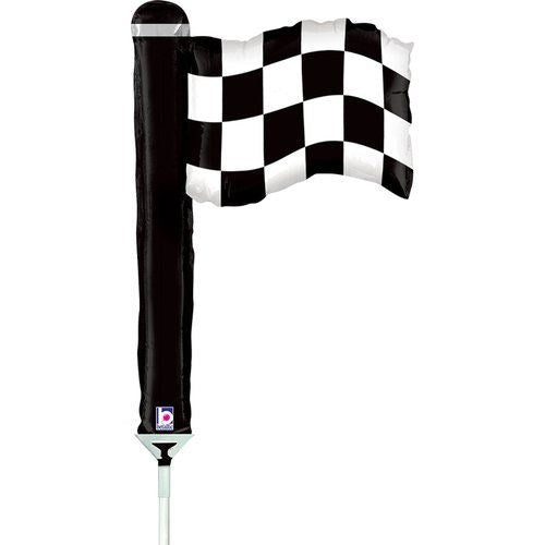 A black and white checkered flag mounted on a black pole with a white base, shown against a plain white background.