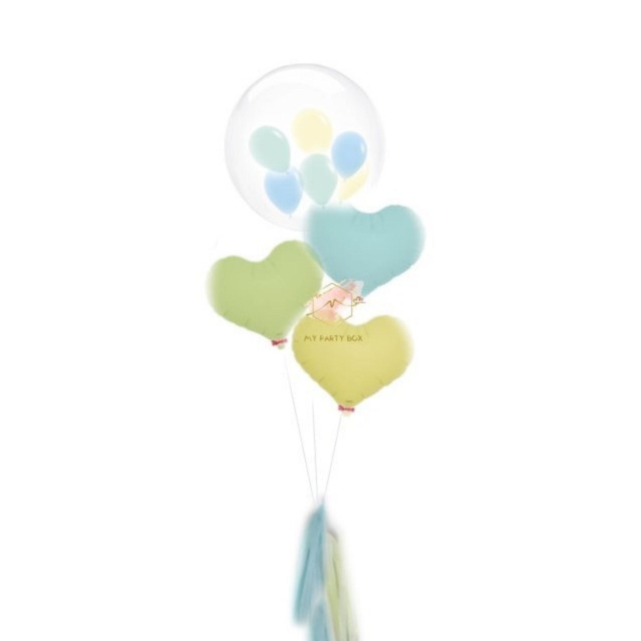 My Party Box Bubble Gum Balloon Bouquet with one bubble balloon with mini latex balloon inside and one pastel blue foil heart balloon, one Pastel green foil heart balloon and one pastel yellow  Heart Balloon