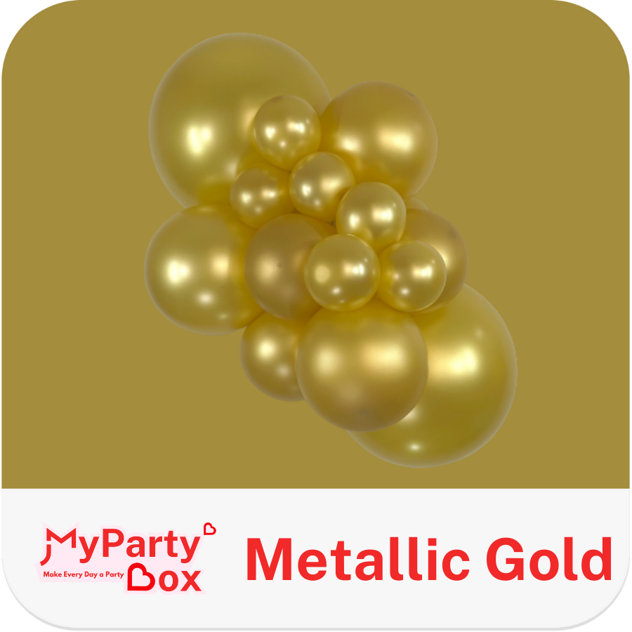 Gold balloons with 'MyPartyBox' branding on a gold background