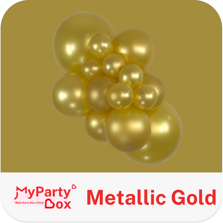 Gold balloons with 'MyPartyBox' branding on a gold background