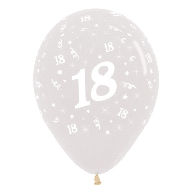 White balloon with '18' printed on it against a white background