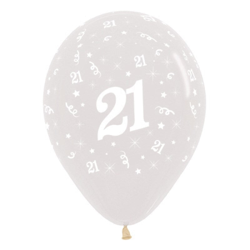 White balloon with '21' printed on it against a white background