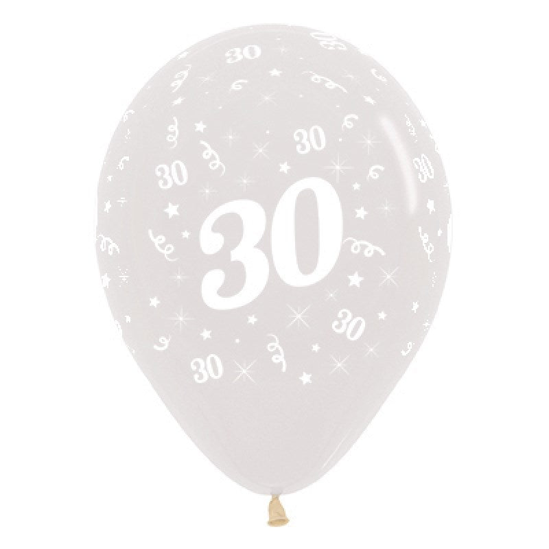 Clear balloon with white number '30' and stars on a white background