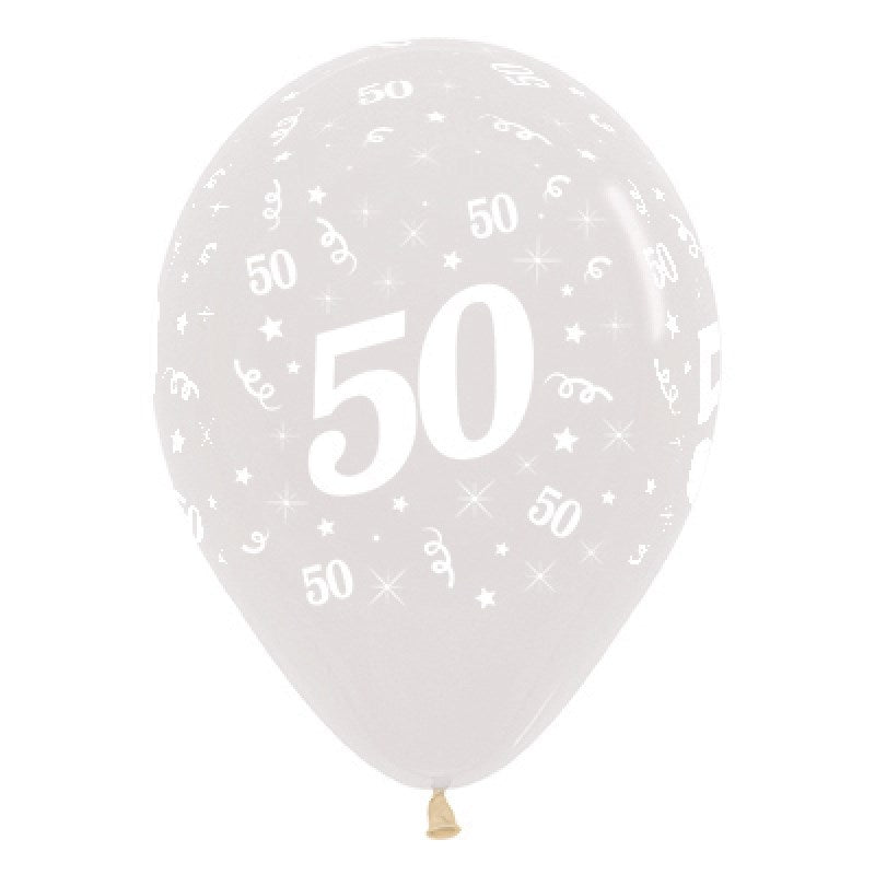 Clear balloon with white number '50' and stars on a white background