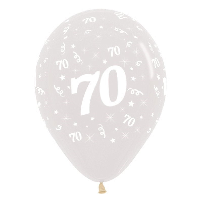 clear latex balloon with 70 printed on it.