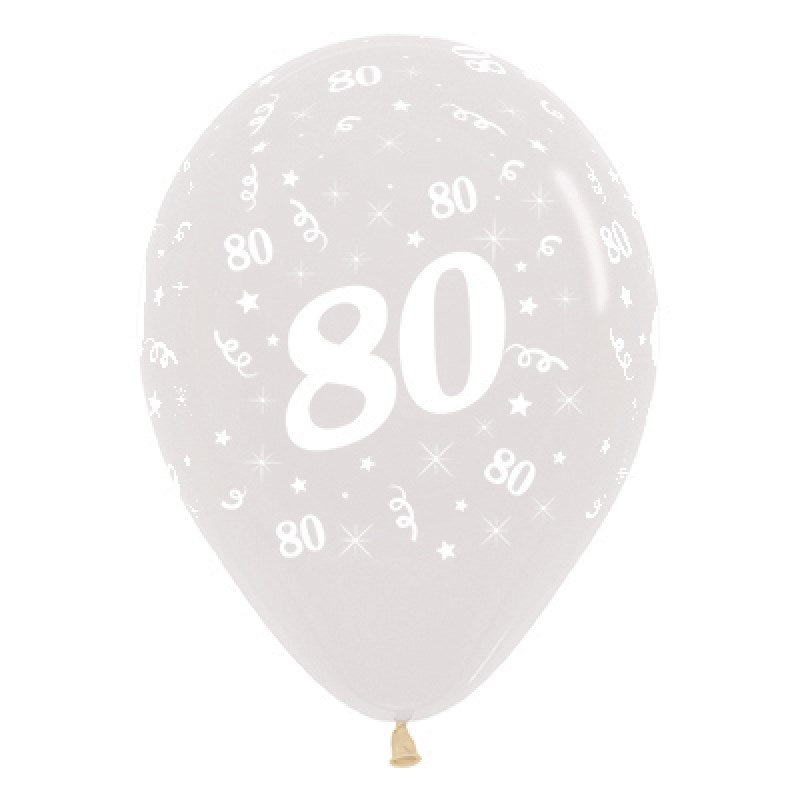 Clear latex balloon with 80 printed on it