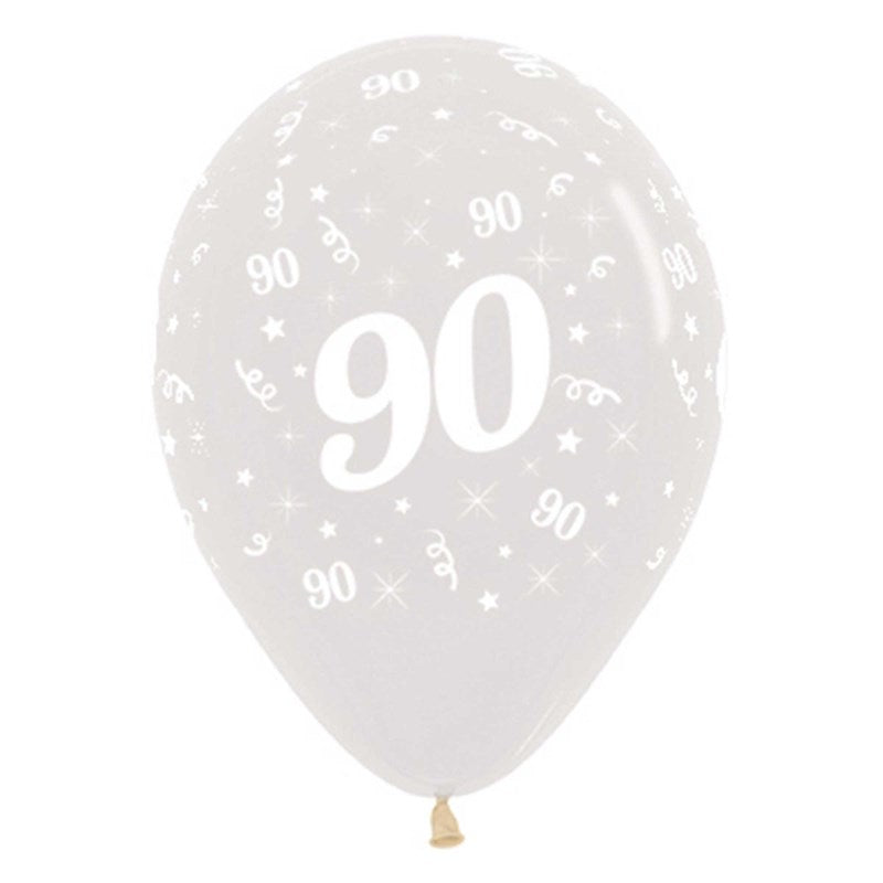 clear balloon with '90' printed on it against a white background